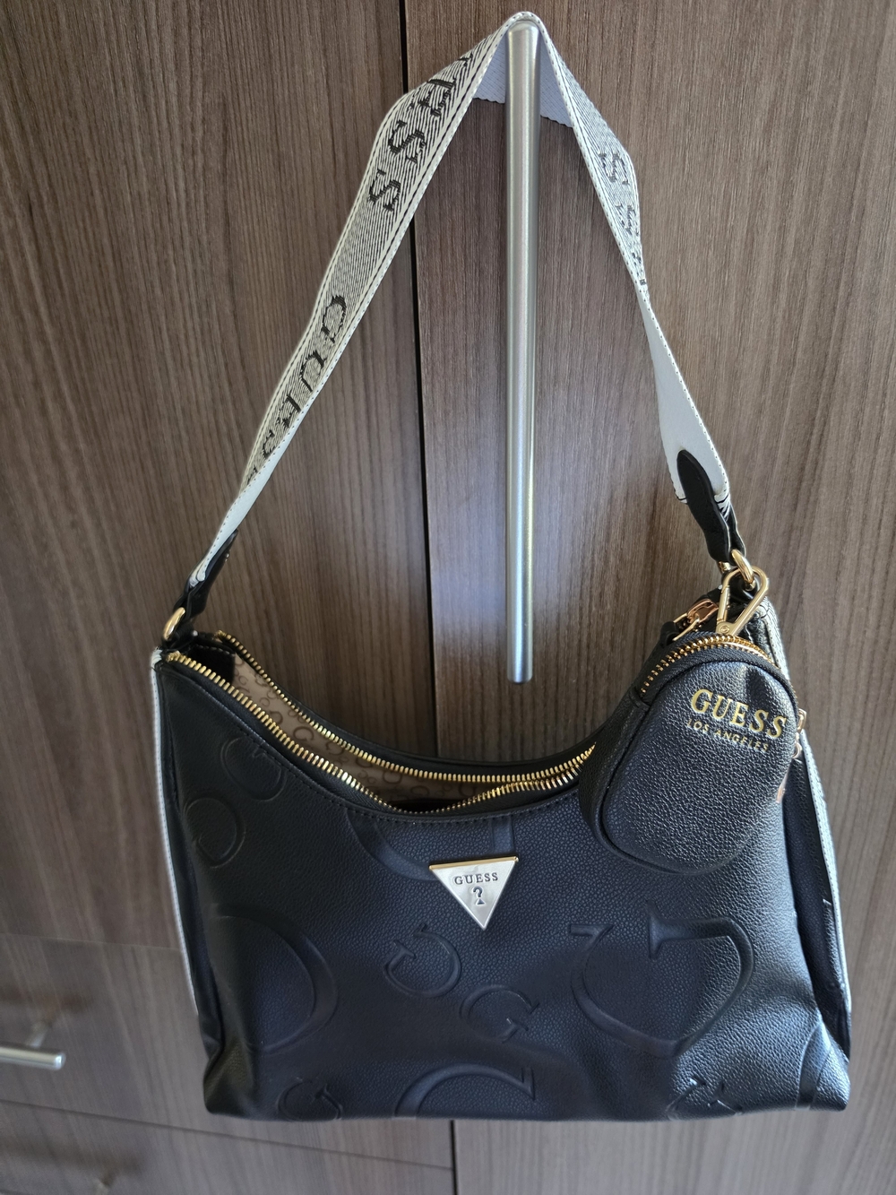 GUESS Hobo Black Logo-Embossed Shoulder Bag with White Branded Strap